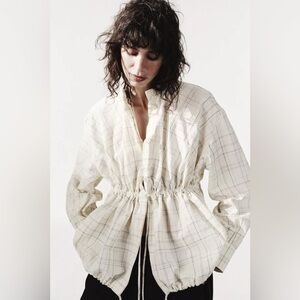 ZARA COTTON LINEN PLAID BUTTON FRONT DRAWSTRING SHIRT JACKET Ecru Black S